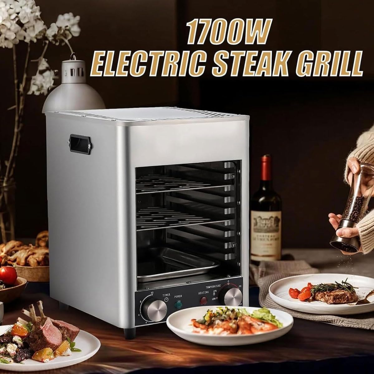 Electric Steak Broiler,1700W Commercial Multifunctional Oven,10-Tier Steak Grill Automatic Steak Smoker Broiler Oven with Timer,200-800℃ Adjustable Temperature, for Steak,Pizza,Grilled Fish