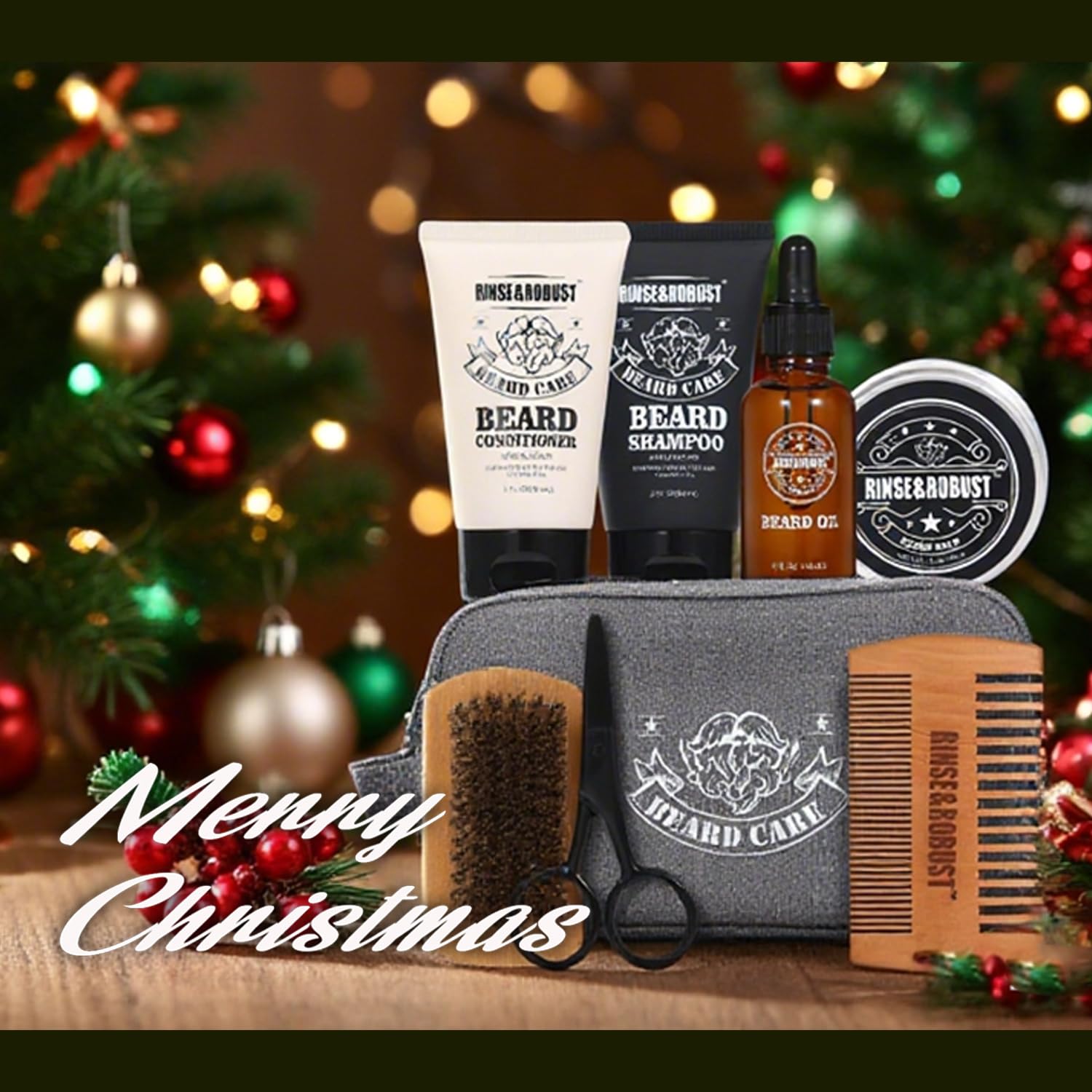 Rinse & Robust Beard Kit for Men, Christmas Gifts for Him, Beard Care & Grooming Travel Set, Beard Oil & Balm Gift Set with Toiletry Bag, Holiday Stocking Stuffers for Dad Husband Boyfriend