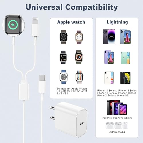 Miniatura 4 de Cargador de Apple Watch, cargador USB C 2 en 1 para iWatch y iPhone, cable de carga rápida de 3 pies con cargador de pared rápido de 20 W para Apple