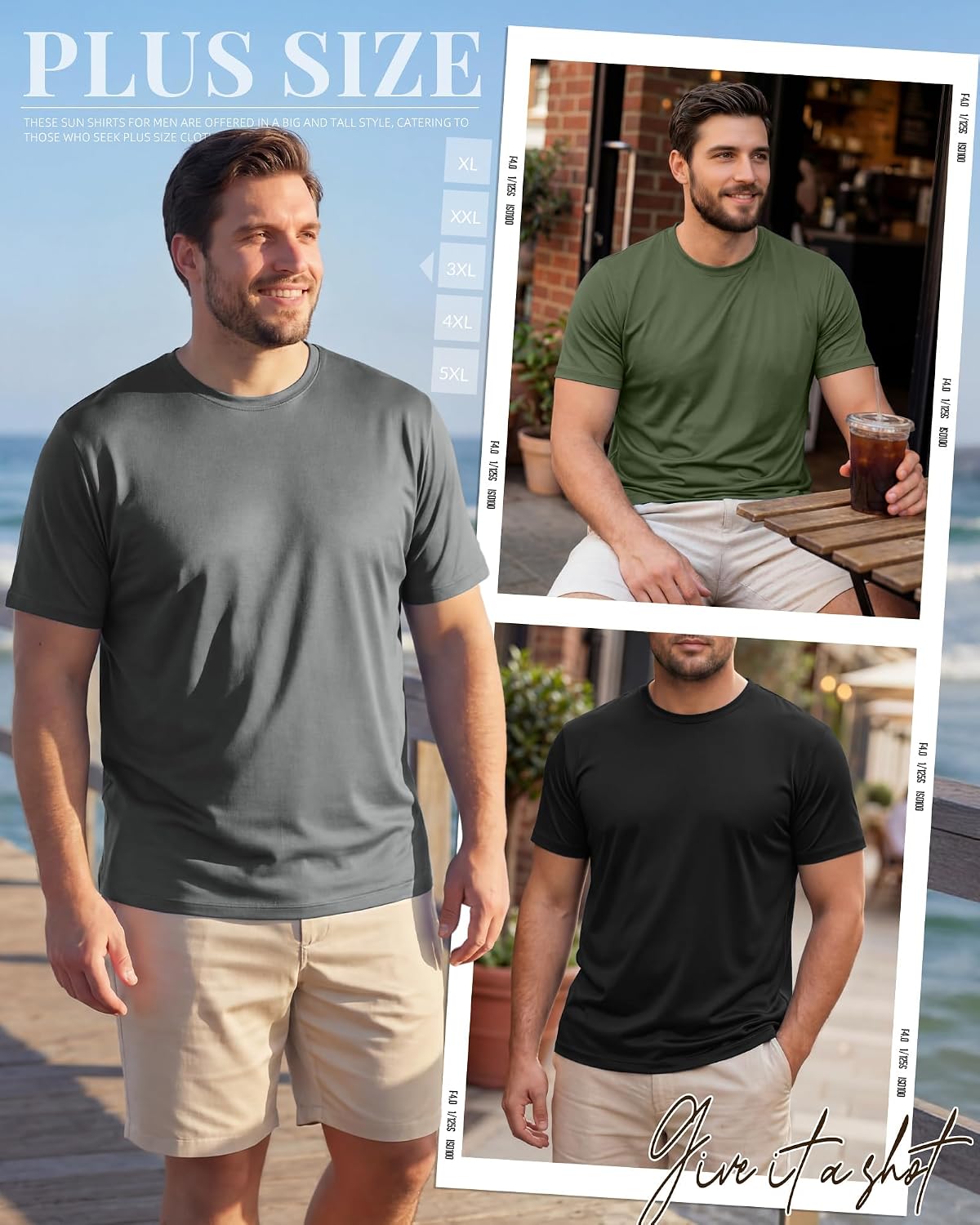 Ficerd 3 Pack Men's Big and Tall Rash Guard Shirts UPF 50+ Short Sleeve Sun Protection Quick Dry Swim T Shirts