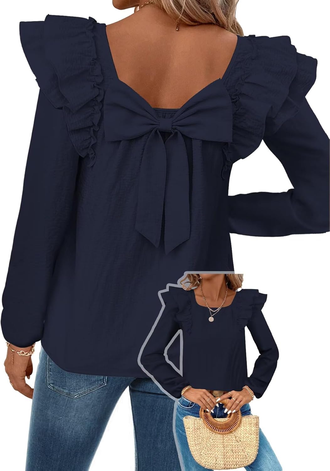 Falechay Womens Bow Tie Back Tops Square Neck Long Ruffle Sleeve Shirts Cute Babydoll Chiffon Texture Women Fall Trendy Tunic