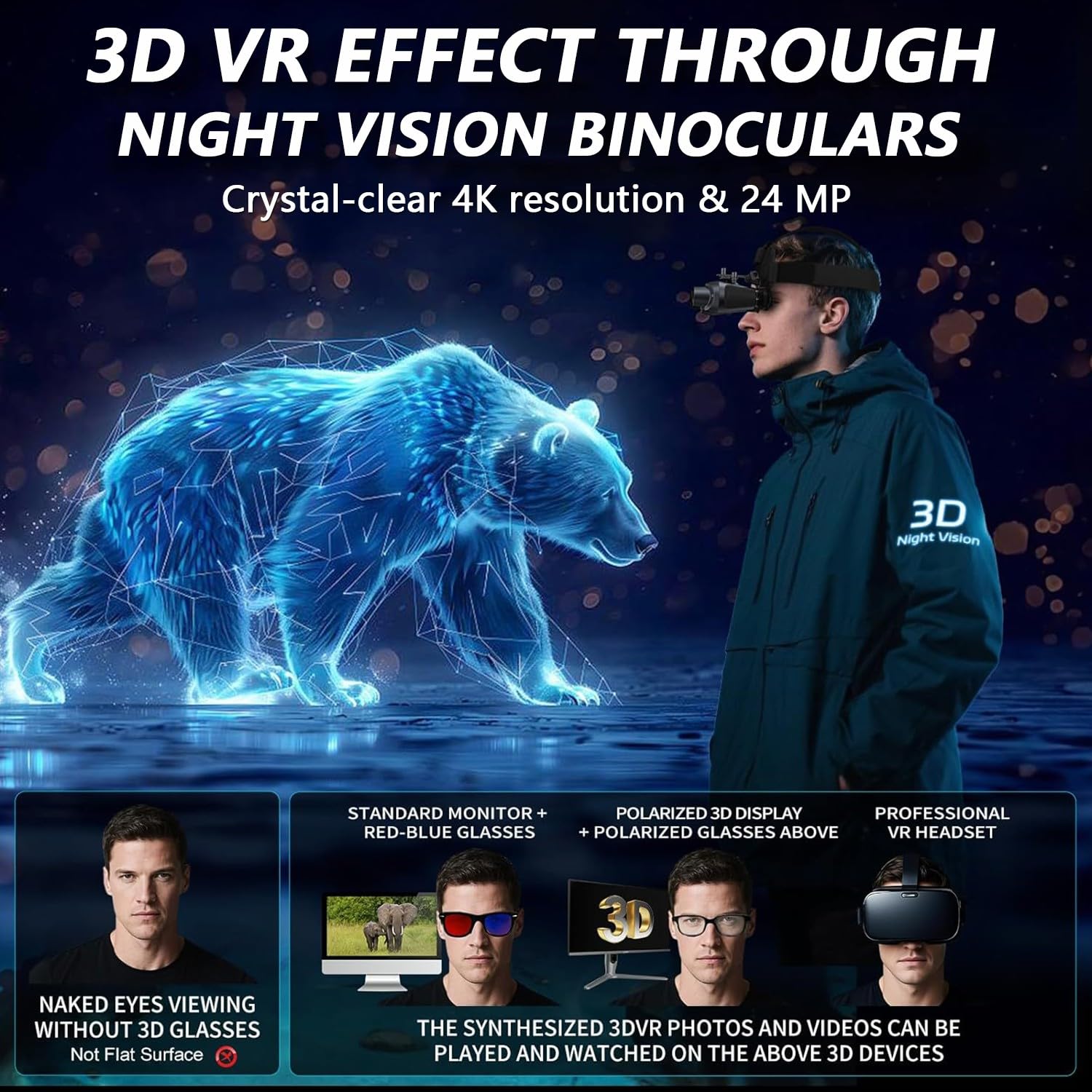3D VR Binoculares Visión Nocturna con Efecto de Visión 3D Ajuste de Dioptrías de Doble Lente Alcance de Visión de 2297FT Grabación de Vídeo 4K Batería 5000mAh para Adultos Cazar Acampar