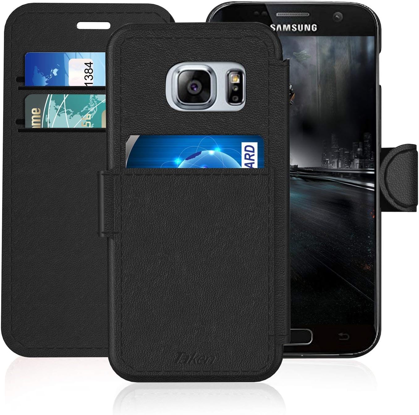 Taken Samsung Galaxy S 7/S7 Leather Wallet Case with Credit Cards Slot and Metal Magnetic, Slim Fit and Heavy Duty, Plastic Flip Case/Cover with Rubber Edge, for Women, Men, Boys, Girls (Black)