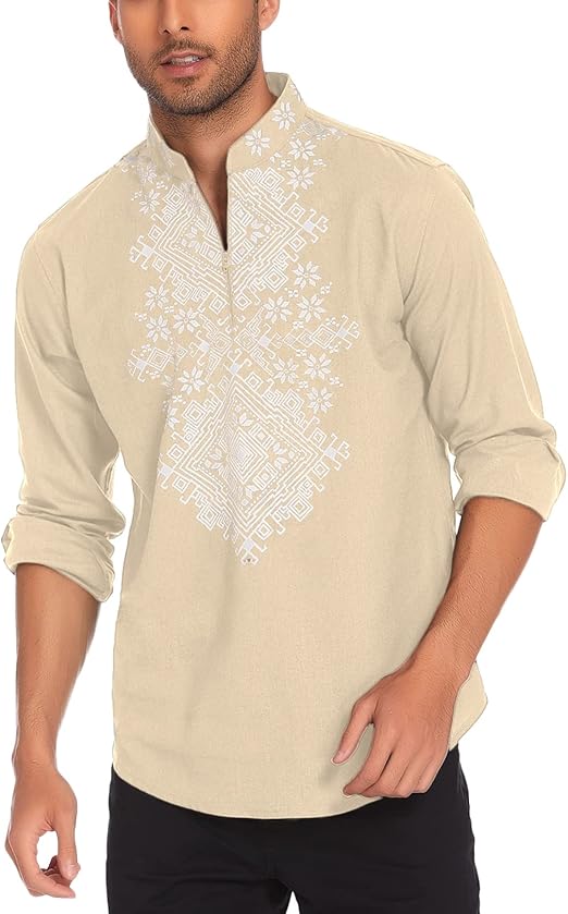 COOFANDY Men's Henley Shirt Long Sleeve Floral Print Casual Zip Up Cotton Beach Party Hippie T Shirt