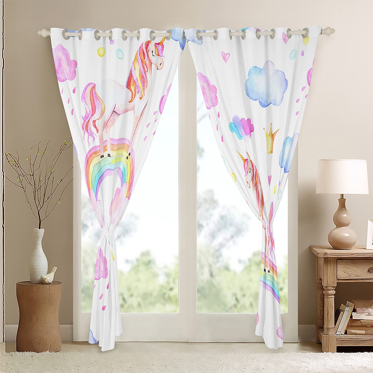Loussiesd Rainbow Unicorn Window Treatments Kids Girls Curtain for Boys Girls Teens Decor Modern Cartoon Horse Window Drapes Pink Cute Unicorn Window Curtain W46*L54 - Image 4