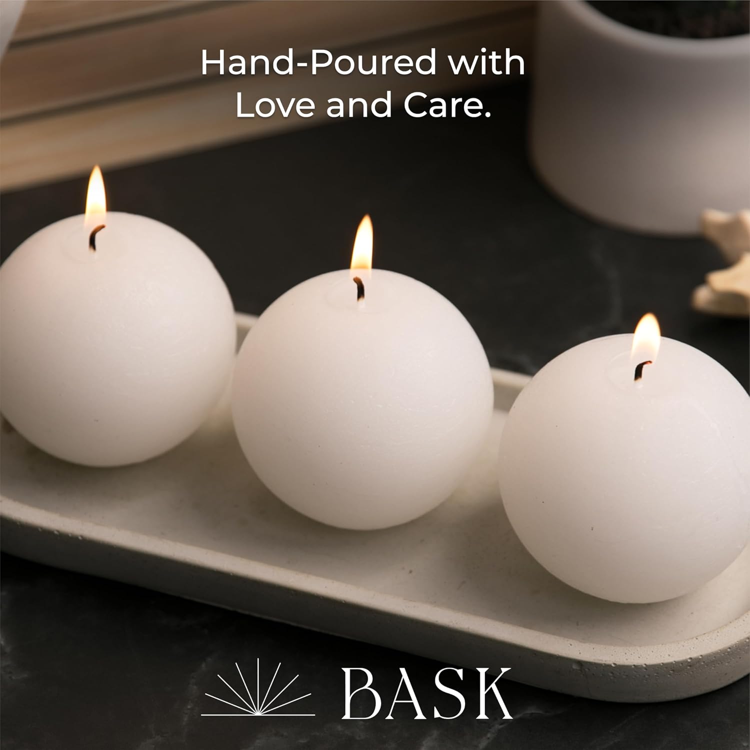 BASK Mottled Ball Pillar Candle, 3 Inch, White (Pack of 3) - Unscented Premium Decorative Candles, Natural Plant-Based Wax, Smoke-Free and Dripless