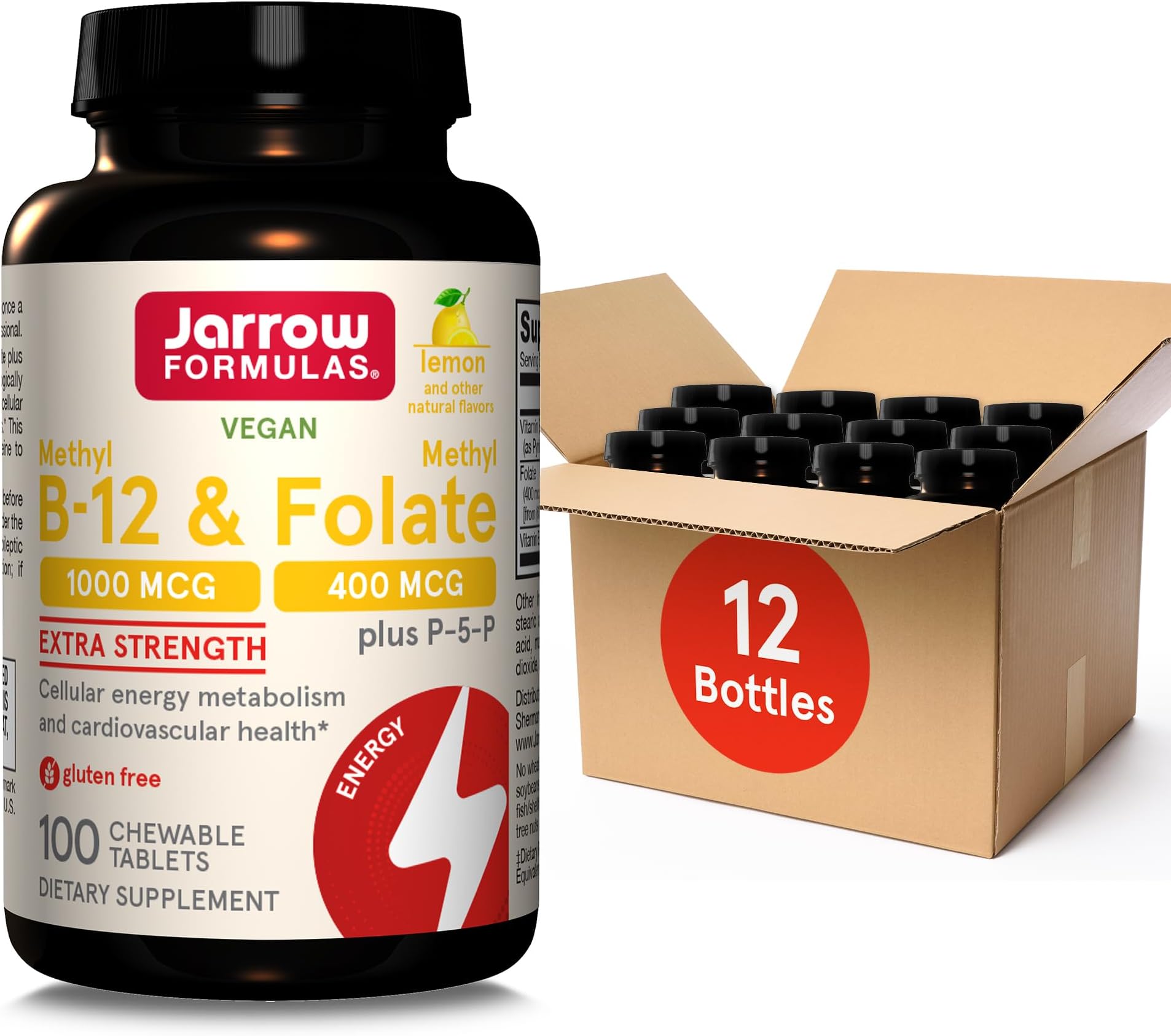 Methyl B-12 1000MCG & Methyl Folate 400MCG,Extra Strength,Cellular Energy Metabolism & Cardiovascular Health Formula(1) With P-5-P,100Chewable Tabs,Up to a 100 Day Suppl,12Packs
