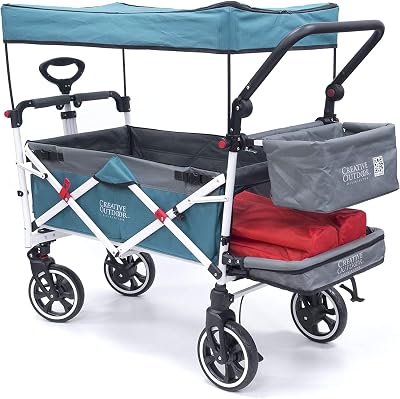 Creative Outdoor Wagon for Kids Push Pull Collapsible Stroller with Canopy Folding Cart for Beach, Park, Garden Teal & Grey