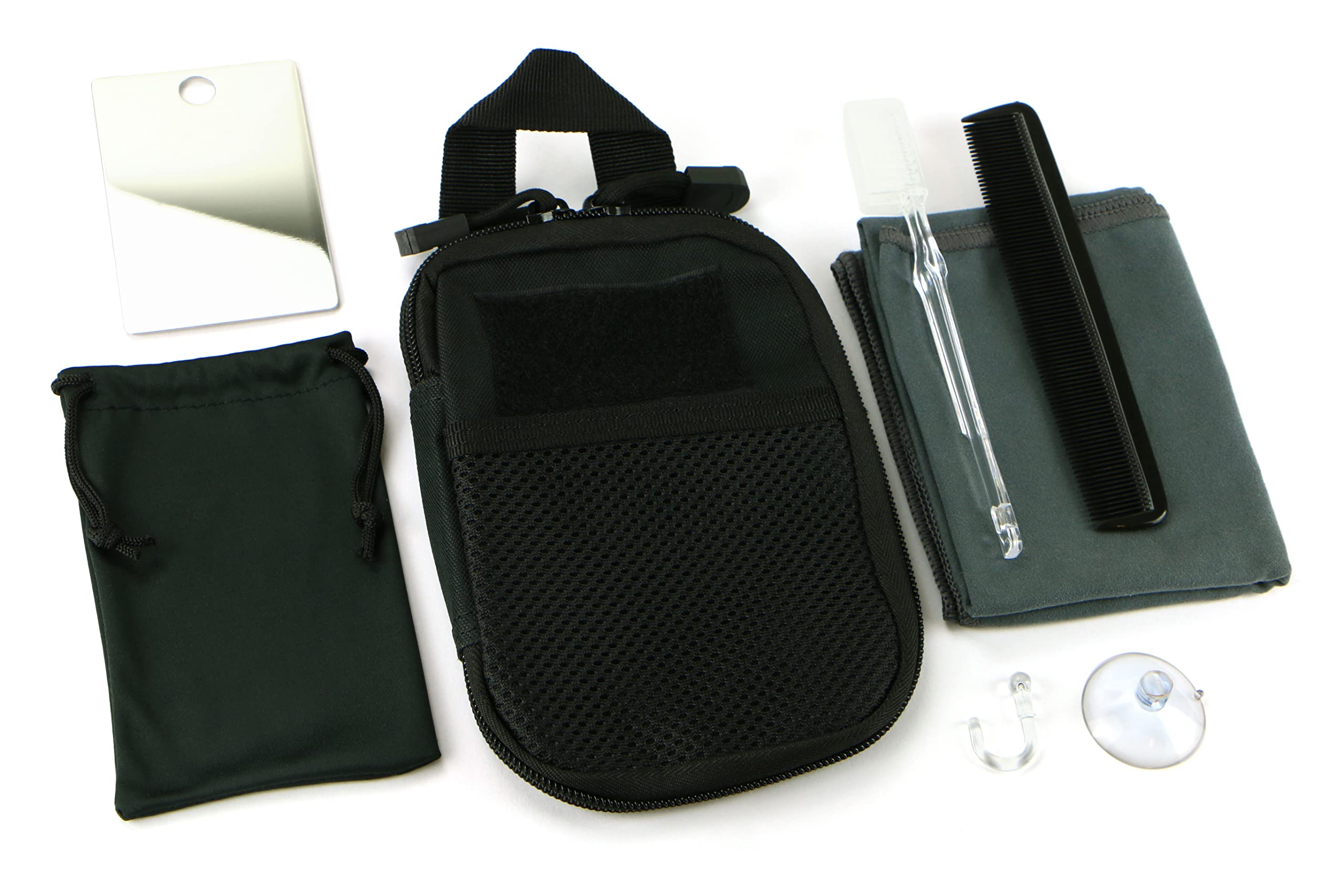 Compact Wash Kit - Travel Set of Stainless Steel Mirror, Microfibre Towel, Comb and Toothbrush in a Tough Nylon Zip-up Pouch. UK-Made