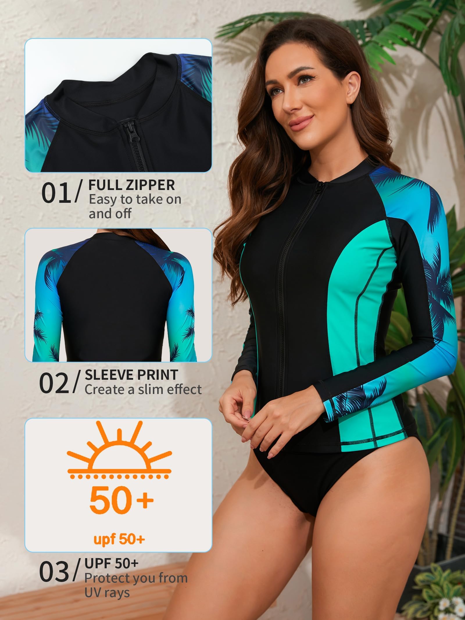 Charmo Camicie Rashguard a maniche lunghe da donna con zip UV