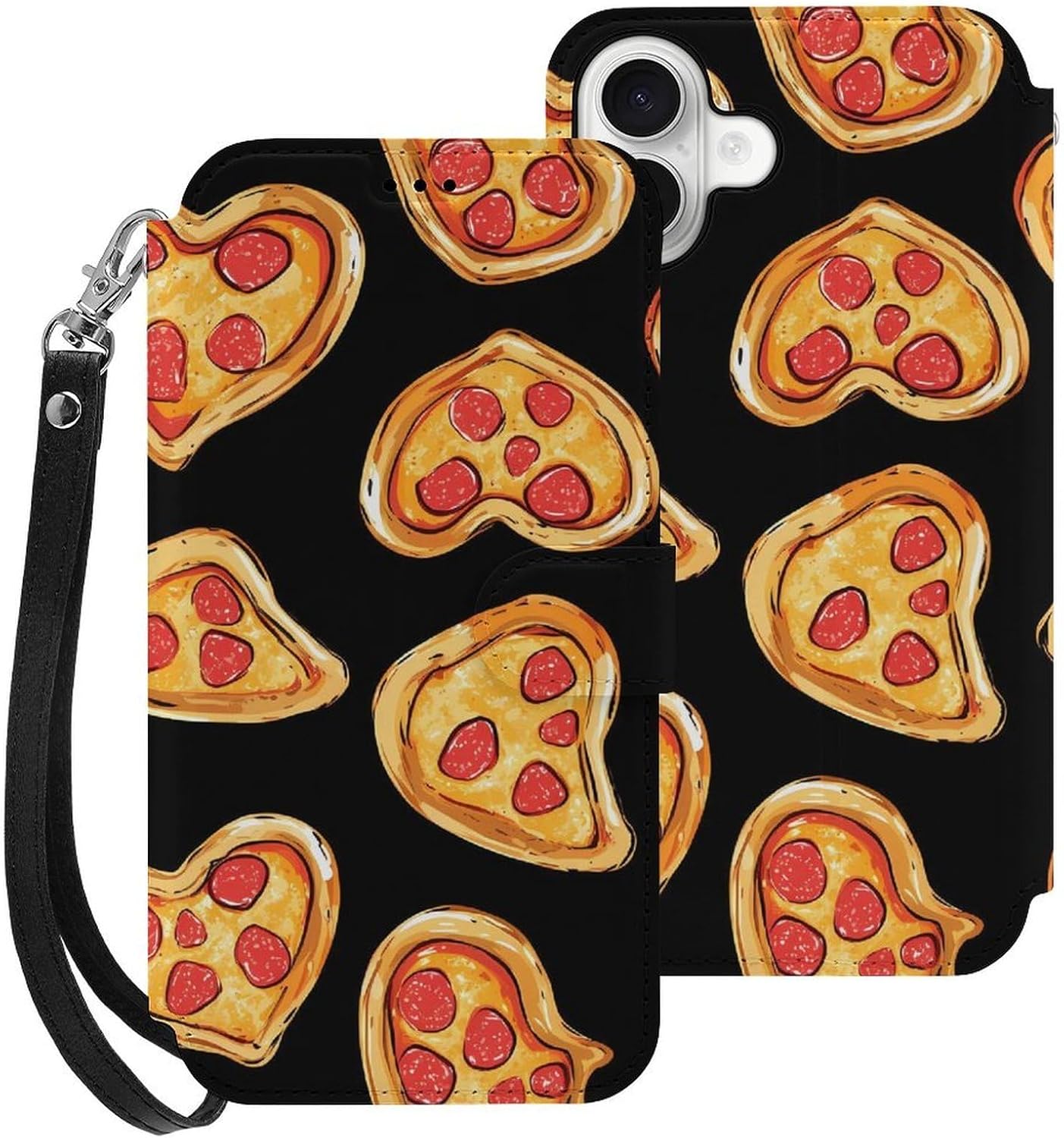 Heart Pizza Slices Compatible with iPhone 16/16 Plus/16 Pro/16 Pro Max/16 E Case Phone Wallet Card Holder Flip Cover with Wrist Strap