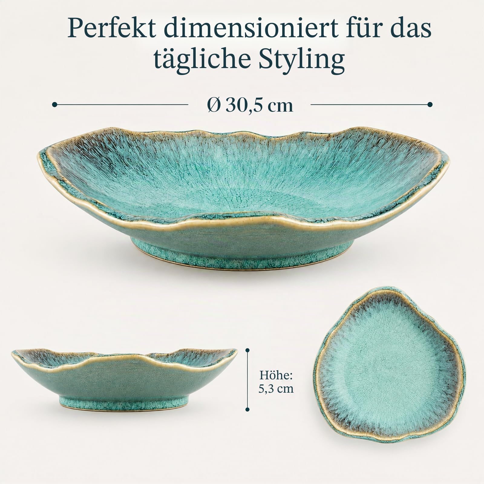 Grüne dekorative Keramikschale – 30,5 cm Obstschale, Süßigkeitenschale, Schlüsselschale für Eingangstisch, Schmuckschale, Ringschale, Schmucktablett, Porzellan-Sammelschale für Küche, Nachttisch