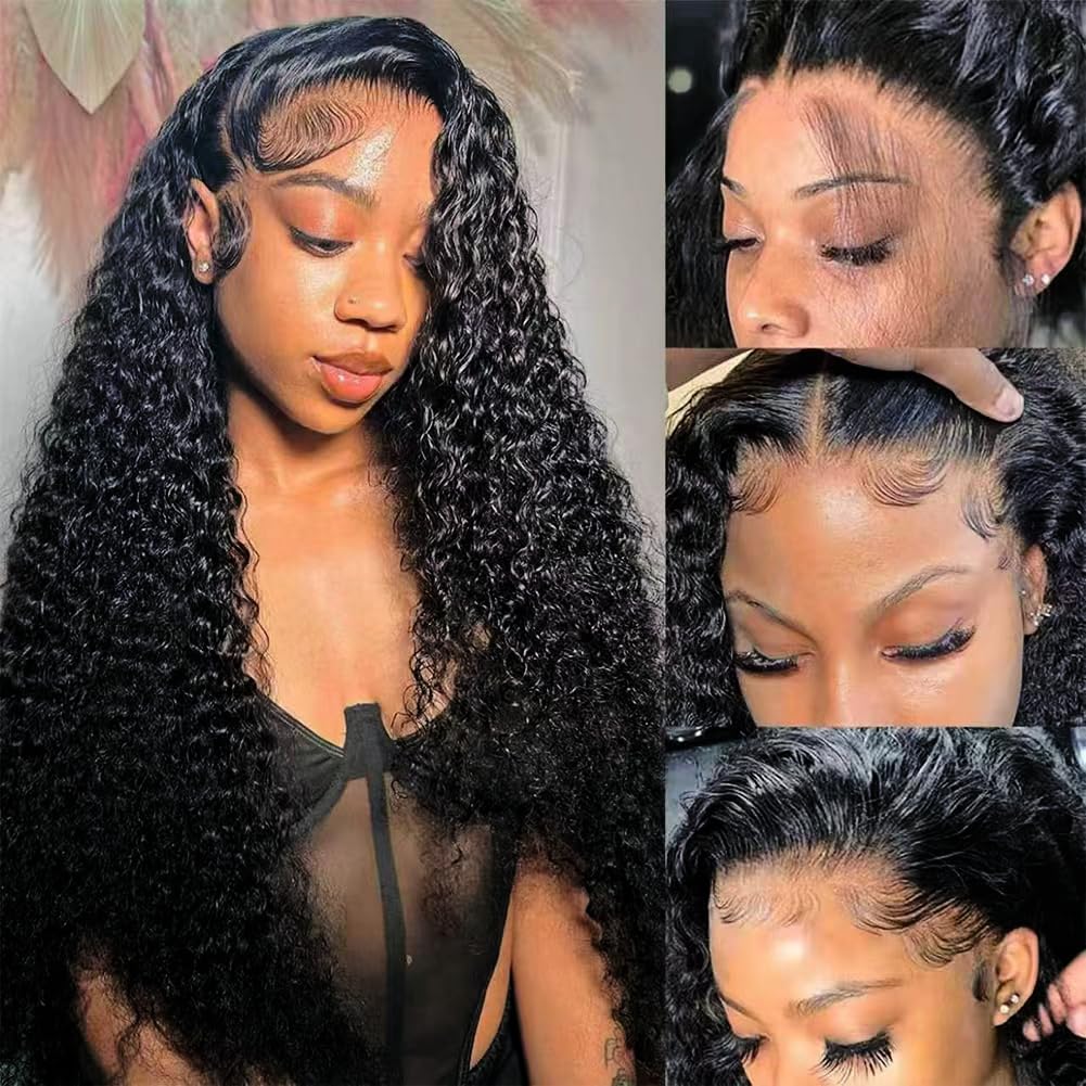30 Inch 13x6 Deep Wave Lace Front Wigs Human Hair 200 Density HD Lace Frontal Wigs Pre Plucked Glueless Brazilian Virgin Human Wig with Baby Hair Deep Wave Wigs for Women Natural Black