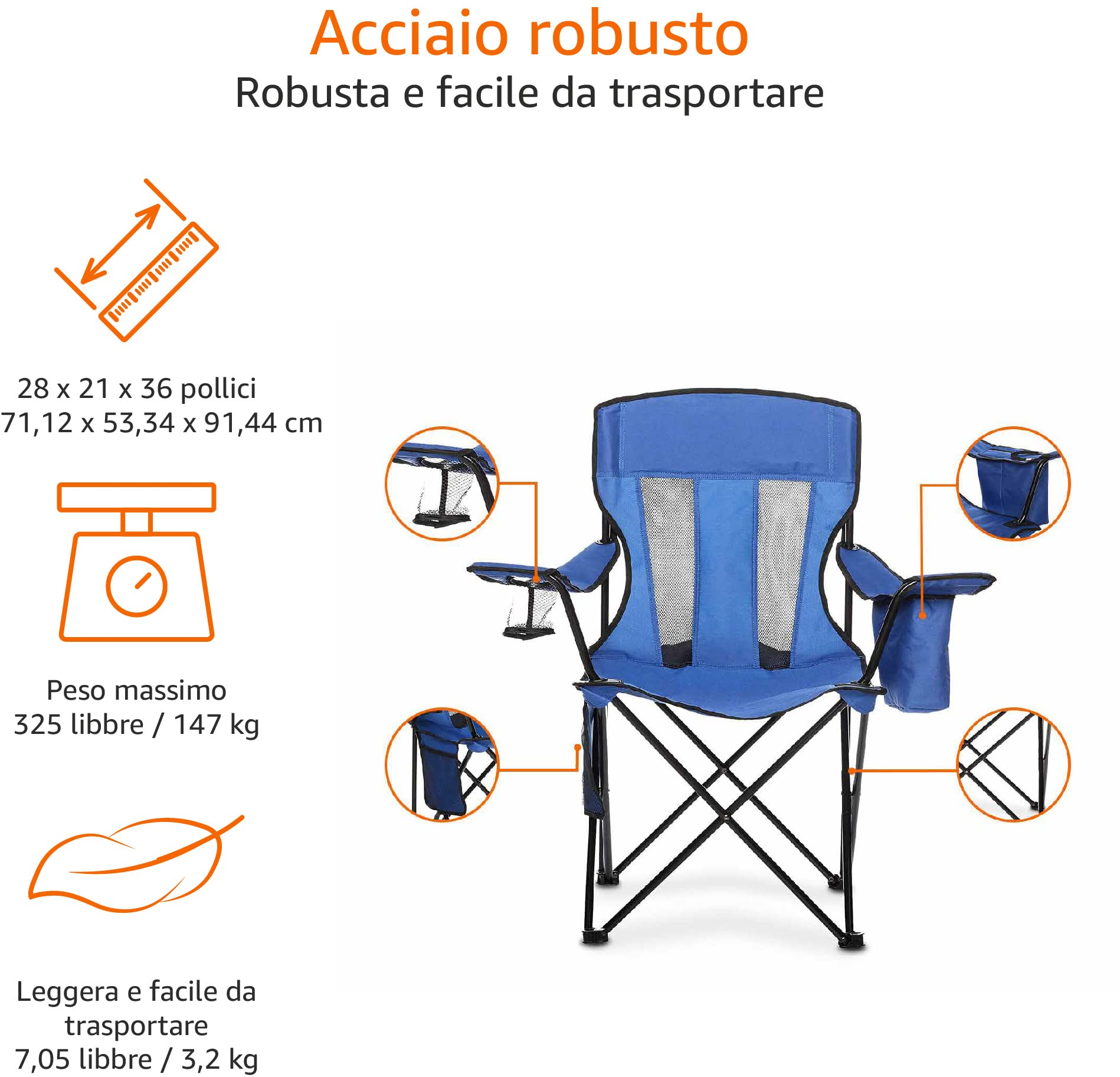 Amazon Basics Sedia da campeggio con tasca termica, Normale, Blu (Rete)