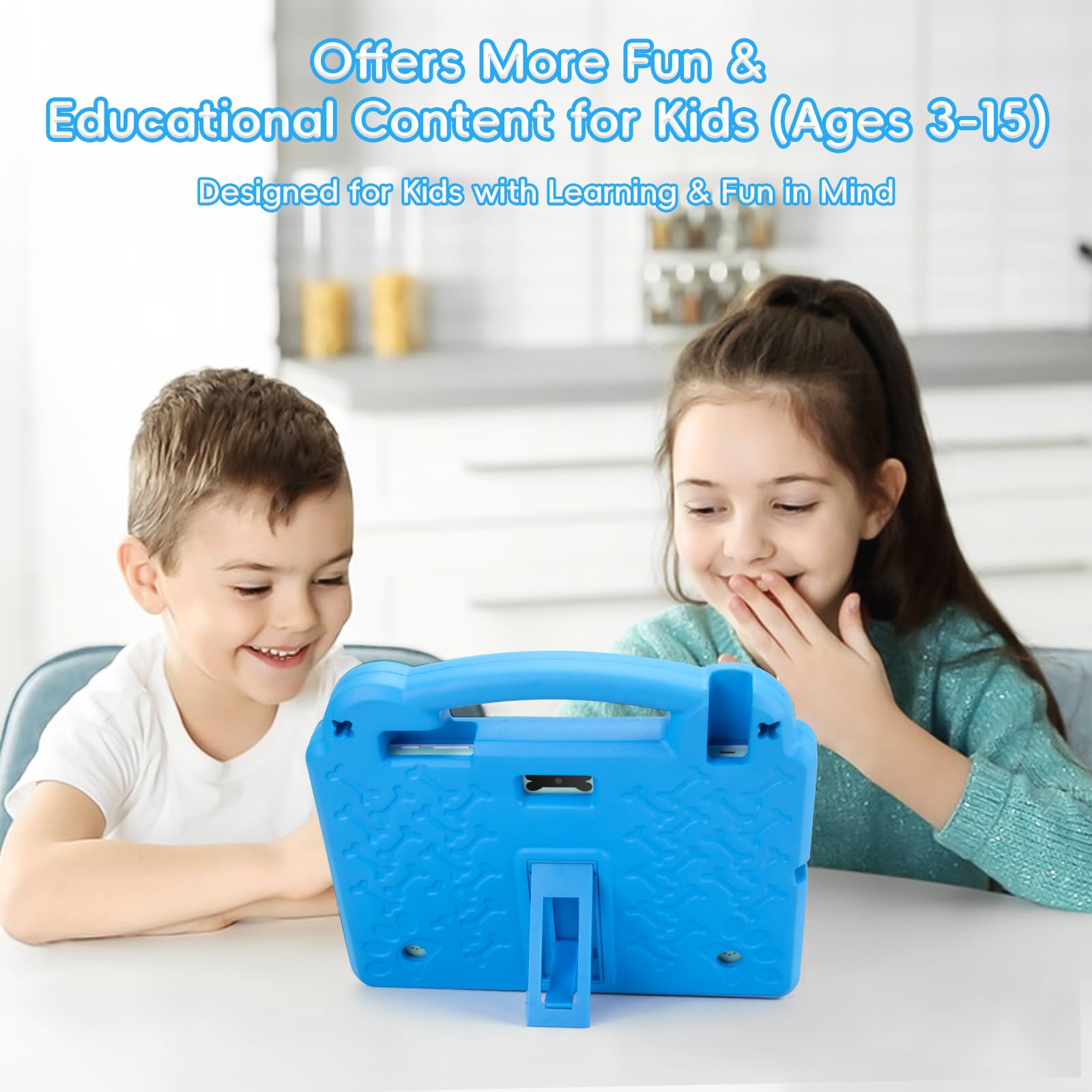 Tablet per bambini da 10,1 pollici, Android 15, con Octa-Core A523, 8 GB+64 GB, batteria 5000 mAh, Wi-Fi 6, controllo genitori, certificato GMS, con custodia in EVA blu