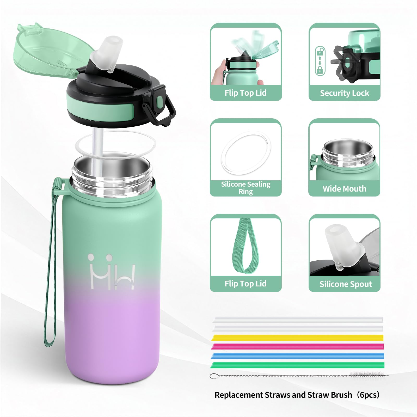 Trinkflasche Edelstahl 500ml, Thermosflasche mit Strohhalm, Kohlensäure Geeignet, BPA-Frei, Vakuum Isolierte Thermosflasche, Isolierflasche Auslaufsichere für Picknick, Maedchen, Junge, Büro, Schule - 3