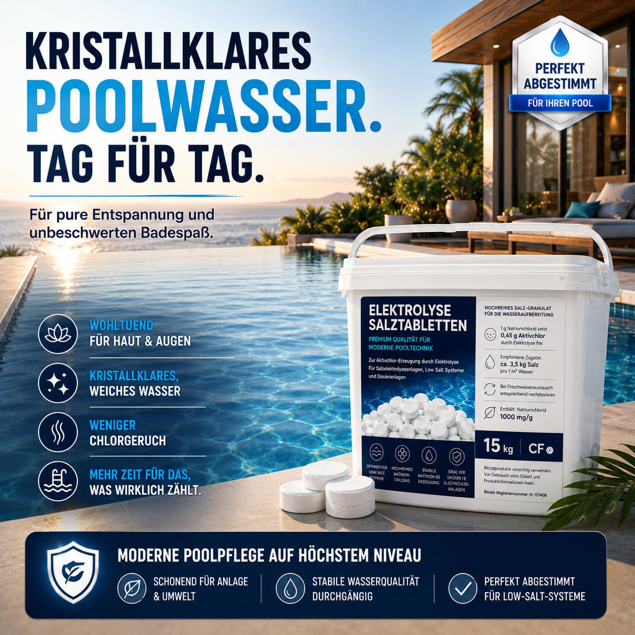 poolomio® Sel de piscine 15 kg - Tablettes de piscine de qualité supérieure pour installations d'électrolyse saline, systèmes Low Salt et systèmes de dosage automatique - Pour une production stable de
