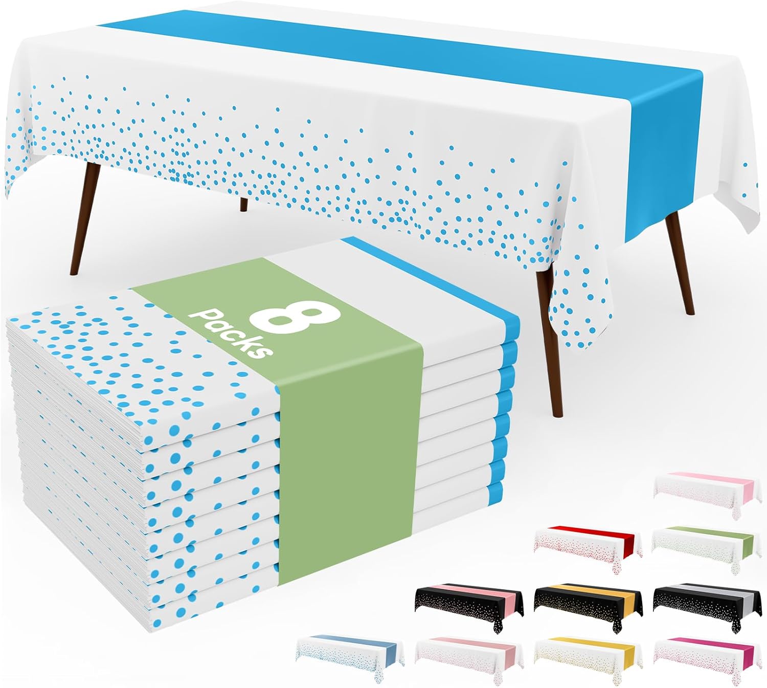Smiry Plastic Table Cloth Disposable 8 Pack, 54 x 108 Inch Rectangle Waterproof Tablecloth, Printed Gold Table Runner Style for Birthday Weeding, Party Decorations, Leakproof & Sturdy, White and Aqua
