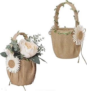 HANTURE 2Pcs Burlap Wedding Flower Girl Basket with White Flower Rustic Flower Girl Basket for Weddings Small Bowknot Wedding Basket for Vintage Wedding Ceremony Party Decor, 4x9x4.7Inch/10x23x12cm