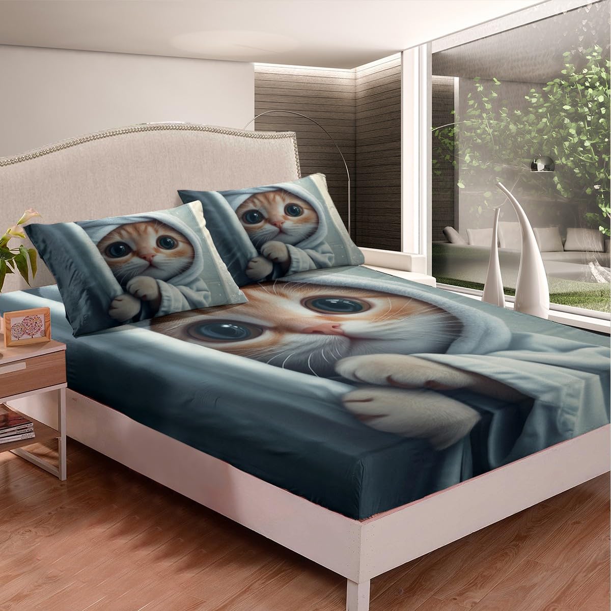 jejeloiu Funny Cat Bed Sheets Set Twin Size Kids Cute Kitten Fitted Sheet with Deep Pocket for Boys Girls Teens Animals Bedding Set Breathable Cat Lover's Gift