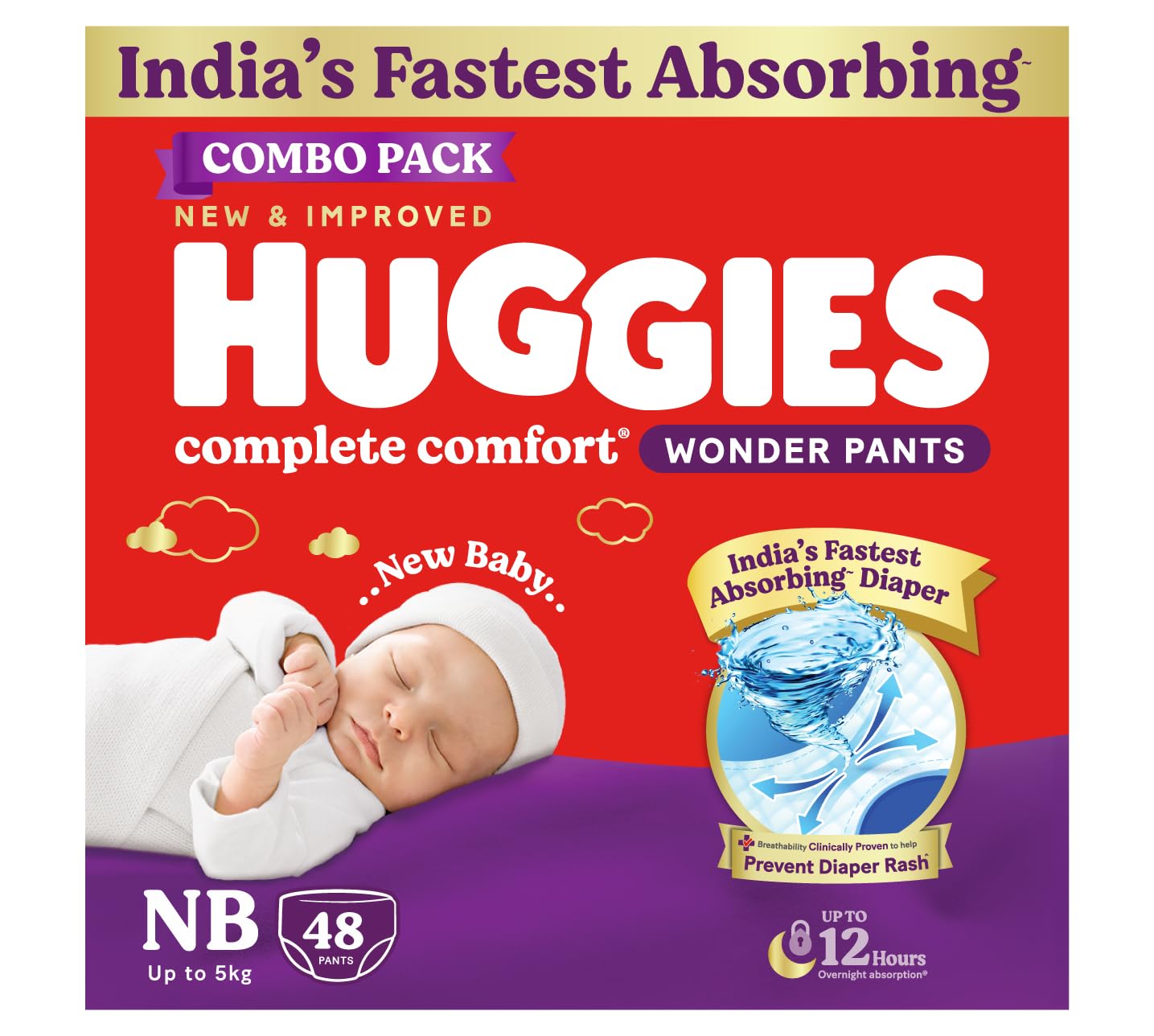Huggies Complete Comfort Wonder Pants | Pant Style Baby Diapers Newborn Size, 48 Count | India's Fastest Absorbing Diaper, Prevents Diaper Rash, Ideal for 0-5 Kgs