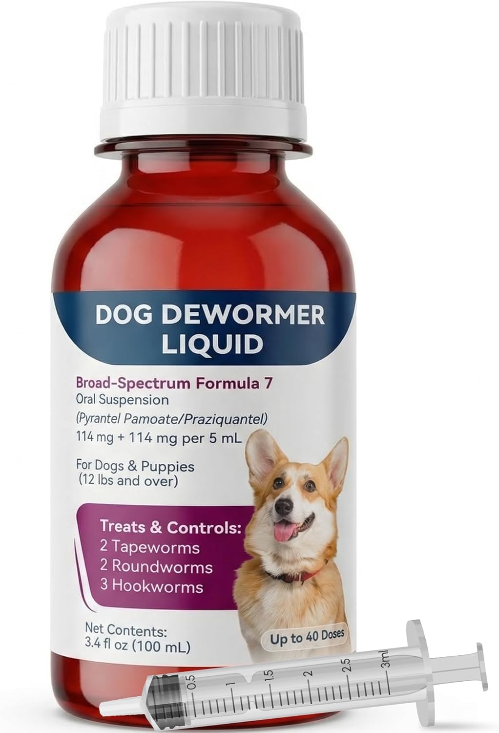 Liquid Dog Dewormer for Dogs & Puppies, Formula 7 Pyrantel Pamoate and Praziquantel, Removes Tapeworm, Roundworm & Hookworm, Broad Spectrum with 3ml Dosing Syringe (100ml)