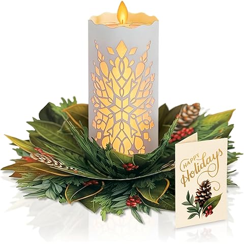 Freshcut Paper Light Up Pop Up Card, Light Up Holiday Candle with Lights, 3D Popup Christmas Cards, Holiday Card with Blank Notecard & Envelope