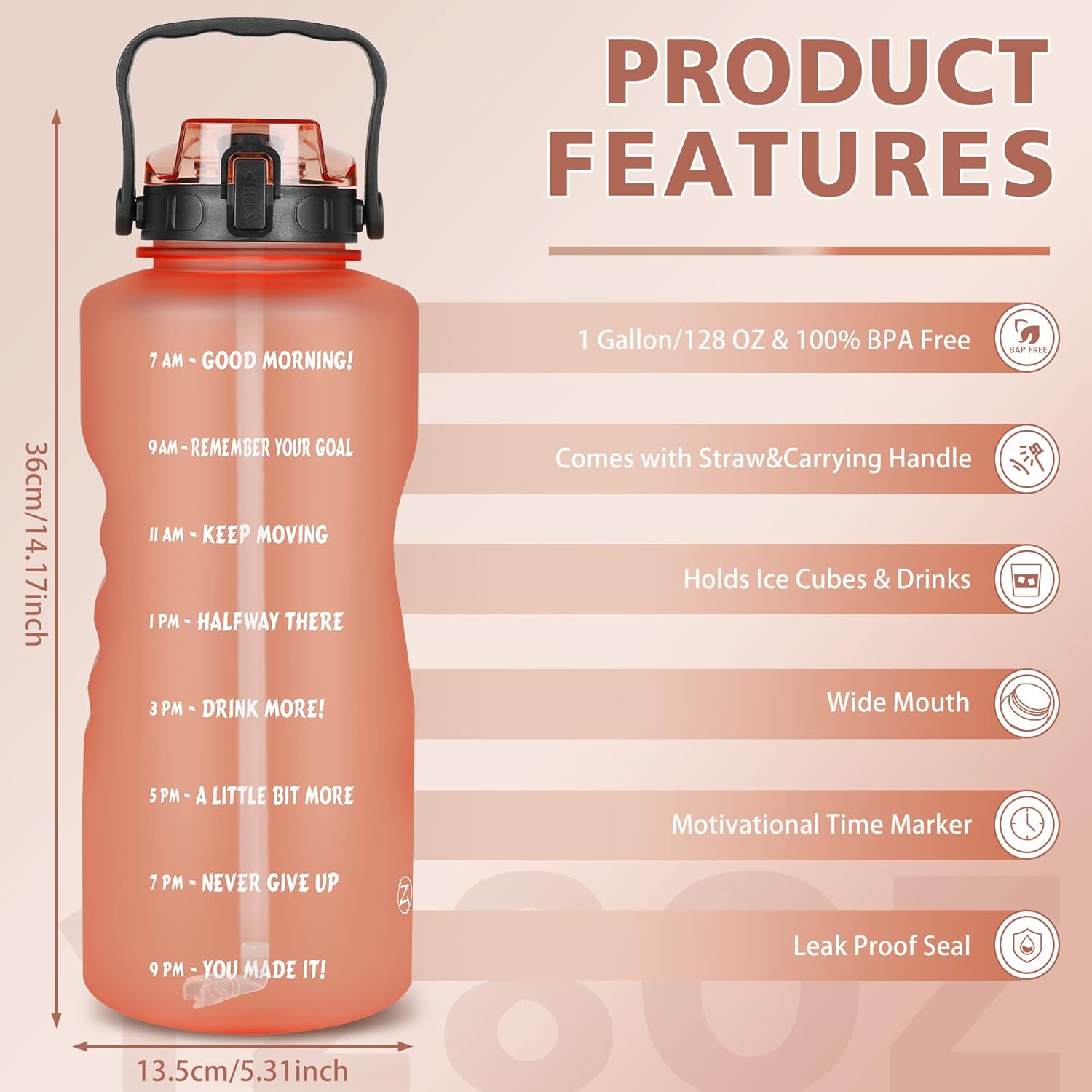 ZOMAKE Gallon Water Bottle with Straw & Time Marker - 128 oz Motivational Large Water Jug BPA Free Leakproof Water Bottle Ensure You Drink Enough Water Daily
