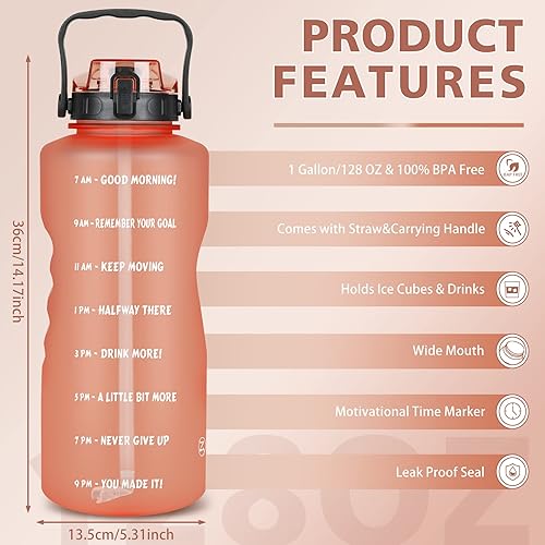 Vista 3 de ZOMAKE Botella de agua de un galón con popote y marcador de tiempo, jarra de agua grande motivacional de 128 onzas, sin BPA, botella de agua a Oro