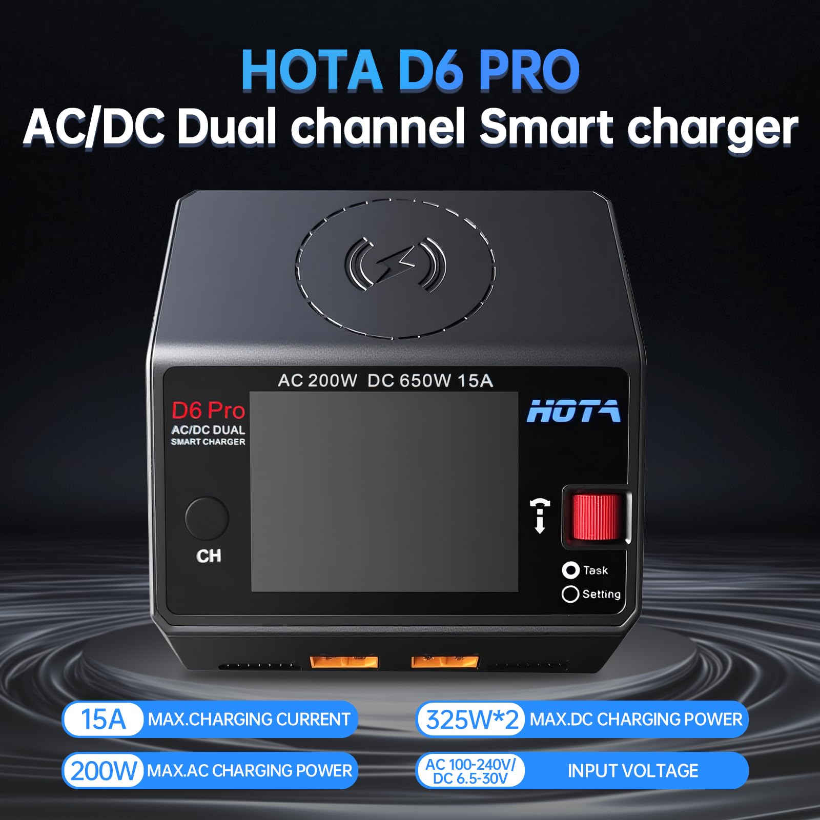 HOTA D6 Pro Lipo Caricabatterie intelligente a doppio canale AC200W DC650W 15A per LiHv Nicd NiMH Lipo RC Caricabatterie con Balance Phone Ricarica wireless RC Auto RC Barca FPV Race Drone Parti Nero