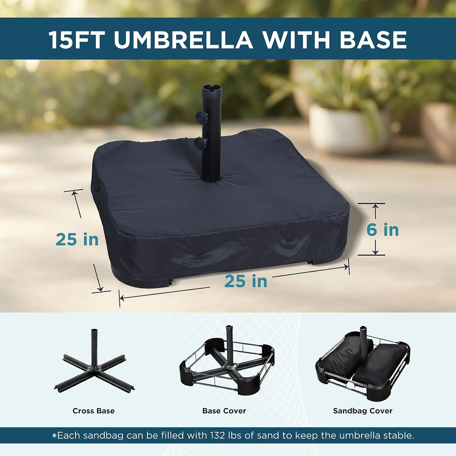 15FT Extra Large Patio Umbrella with Base Included, Heavy Duty Rectangle Outdoor Market Umbrella with 12 Strong Ribs for Patio, Garden, Lawn, Deck & Pool