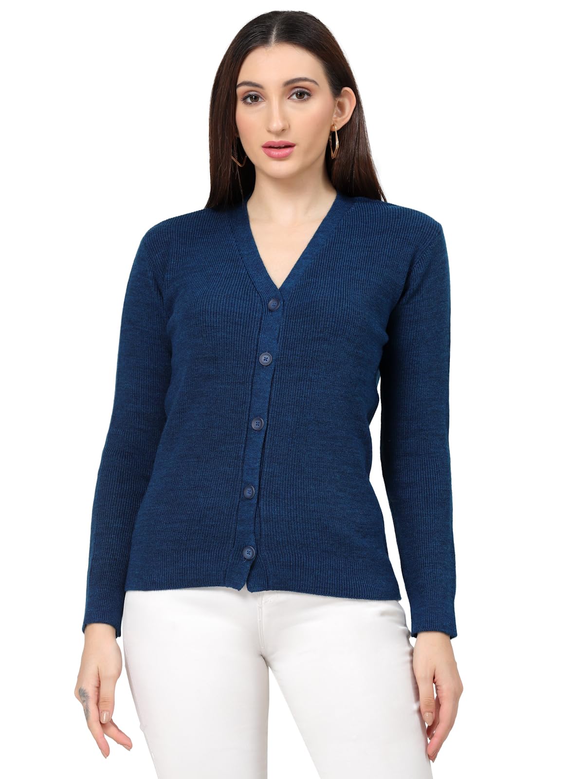 Women Full Sleeves V-Neck Design Acrylic Cardigan Sweater