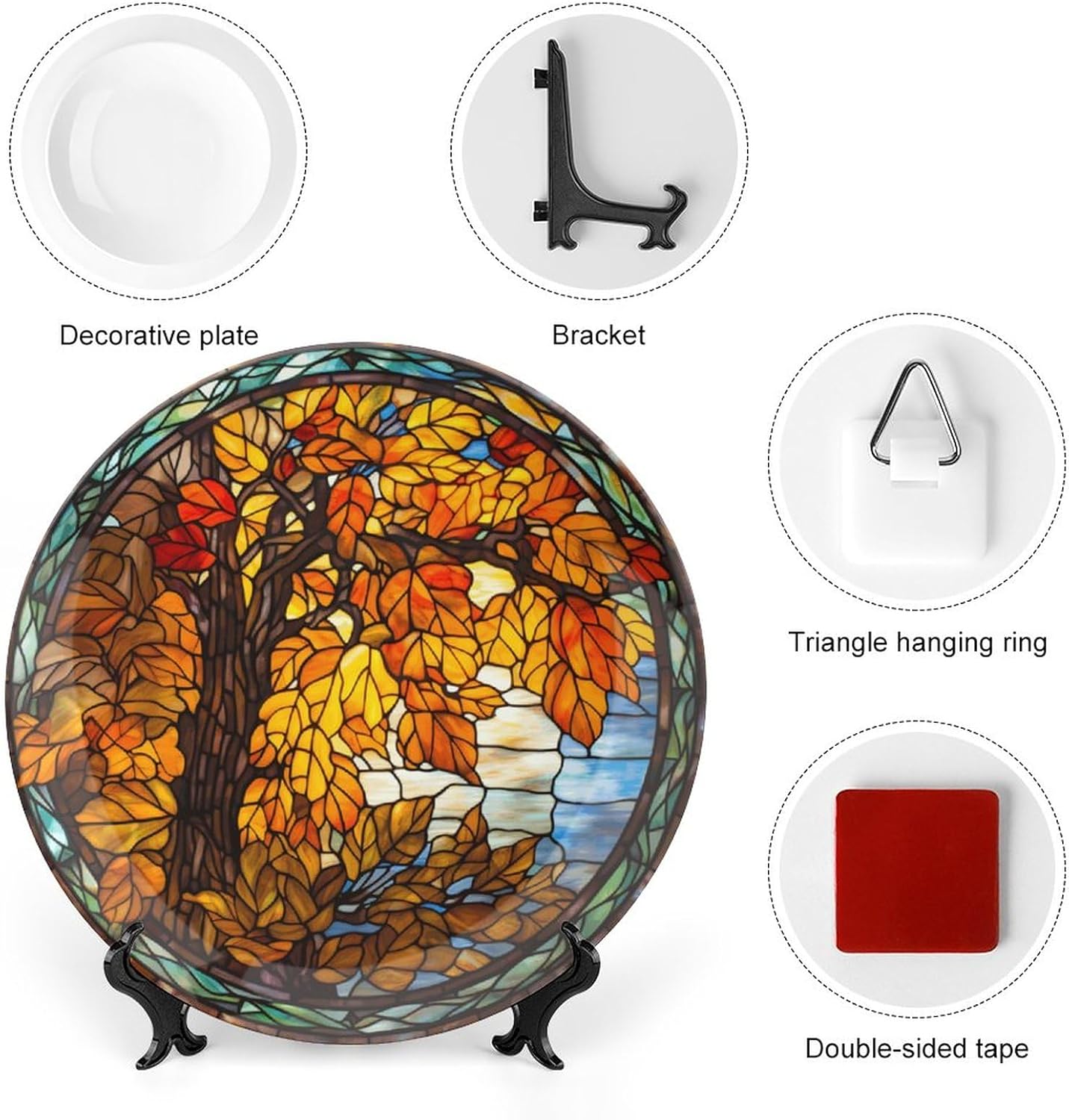 Autumn Decorative Plates, Stained Glass Design Autumn Tree Display Plate for Home Office Kitchen Table Decor Porcelain Plates 7 Inch, Thanksgiving Gifts