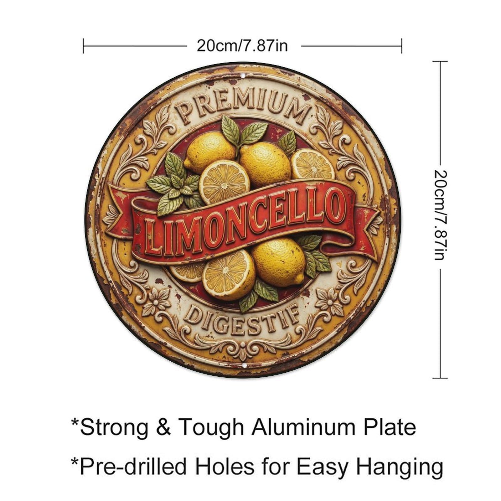 Fqcyn Style Premium Digestif Limoncello Metal Tin Sign Plaque Wall Decor For Cafe, Club Bar, Office, Home Garden Round Metal Poster 8X8inch