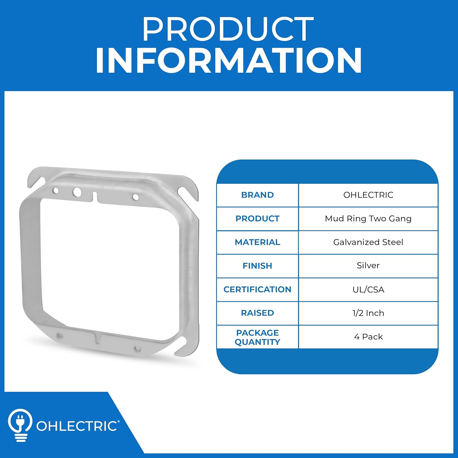 OHLECTRIC 4 Pack - 4-Inch Square Two Gang Mud Ring Device Made from Galvanized steel | 1/2" Raised Corner Ring with Angeled Slots, Fire Rated