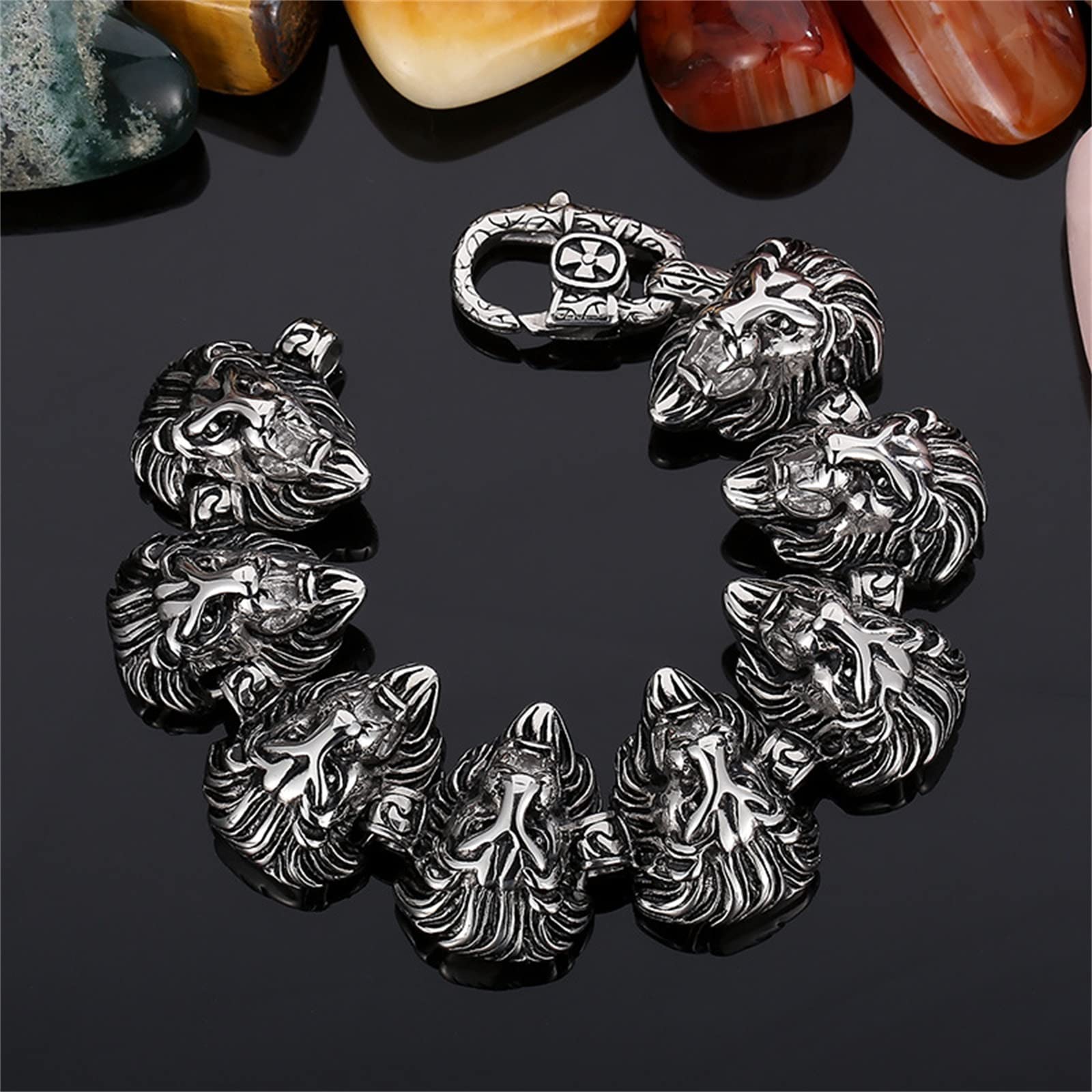 silver bracelet lion head staring 刻印 Men's Lion Head Stainless Steel Bracelet, Viking Retro Domineering