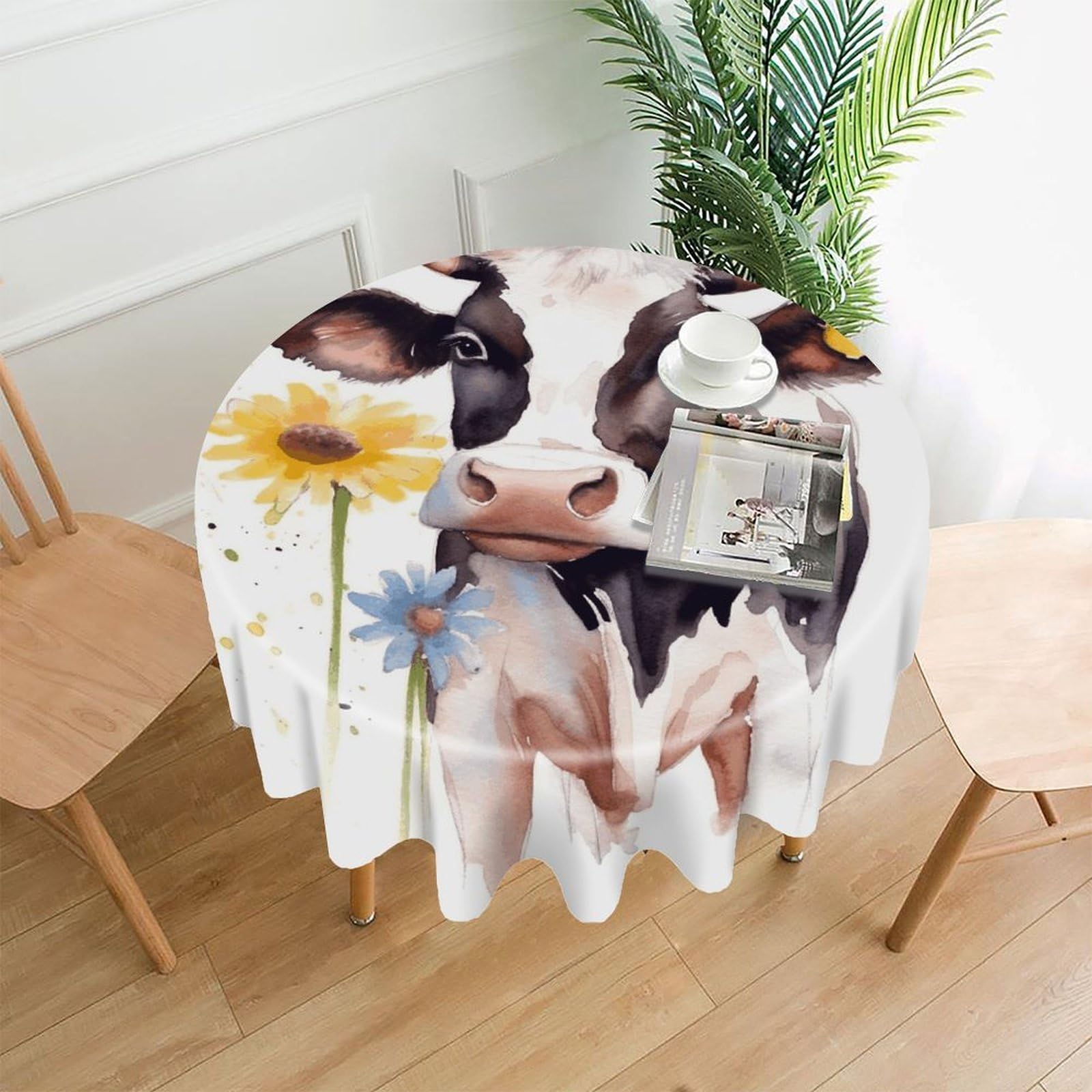 FekiLoot Watercolor Cow and Daisy Flower Round Tablecloth Cover 60 Inch Wrinkle Free Washable Polyester Fabric Table Cover Decorative Round Table Cloth for Home Dining Kitchen Party Farmhouse