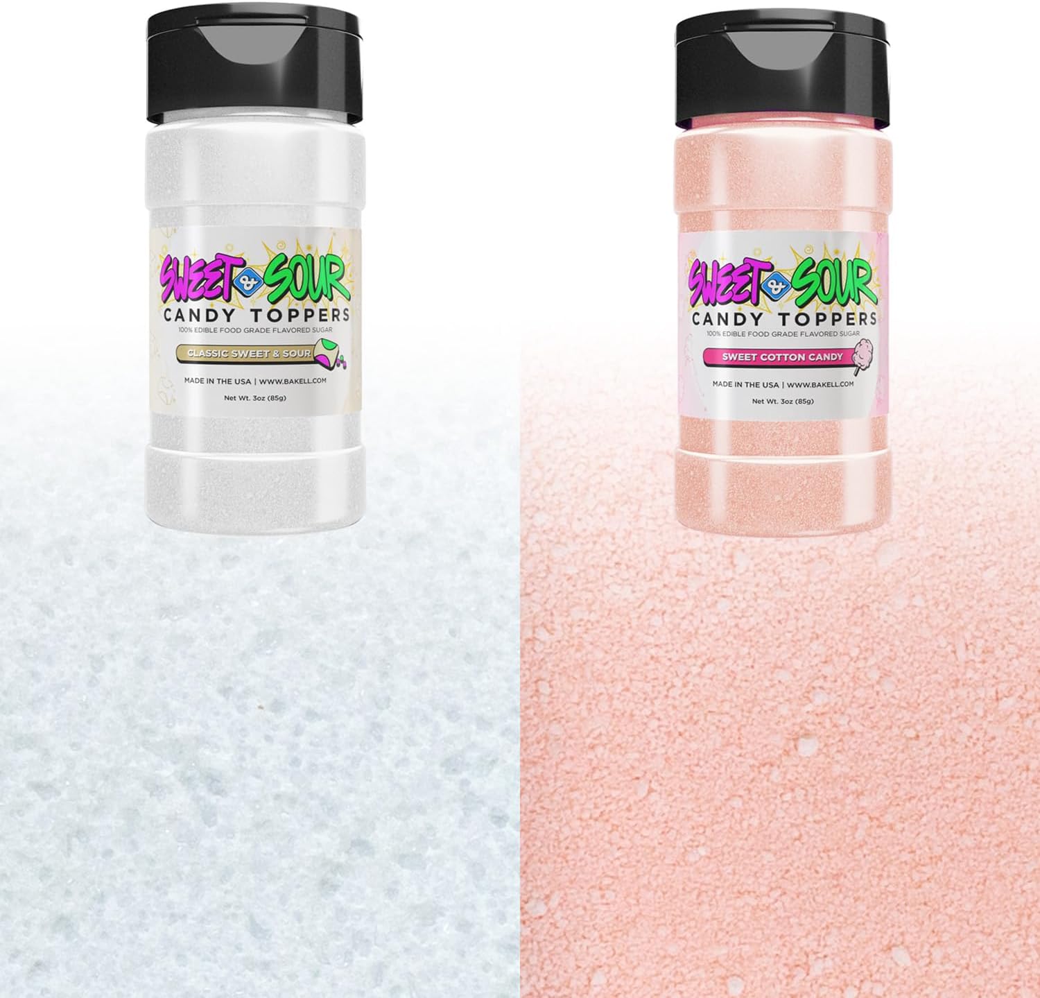 Prime Bundle - Classic Sweet and Sour and Sweet Cotton Candy Candy Toppers (85g 2x Shaker Jar) Fine Candy Powder for Fruit, Candy, & Desserts
