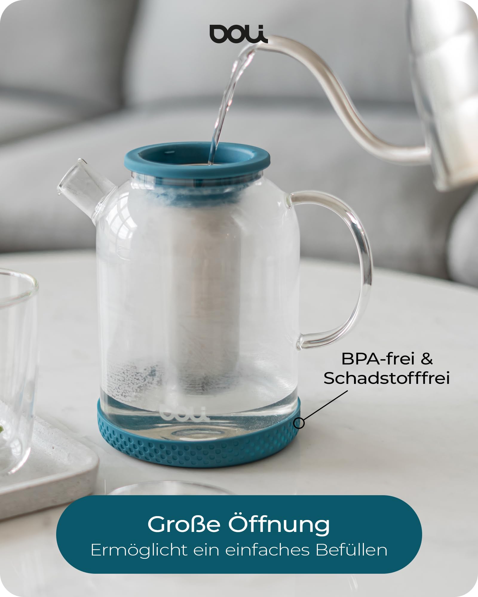 Doli 1,5L Teekanne Glas mit Siebeinsatz Grey - Langes Edelstahl Sieb für pures Aroma - für heiße & kalte Getränke - Spülmaschinenfest - BPA-frei