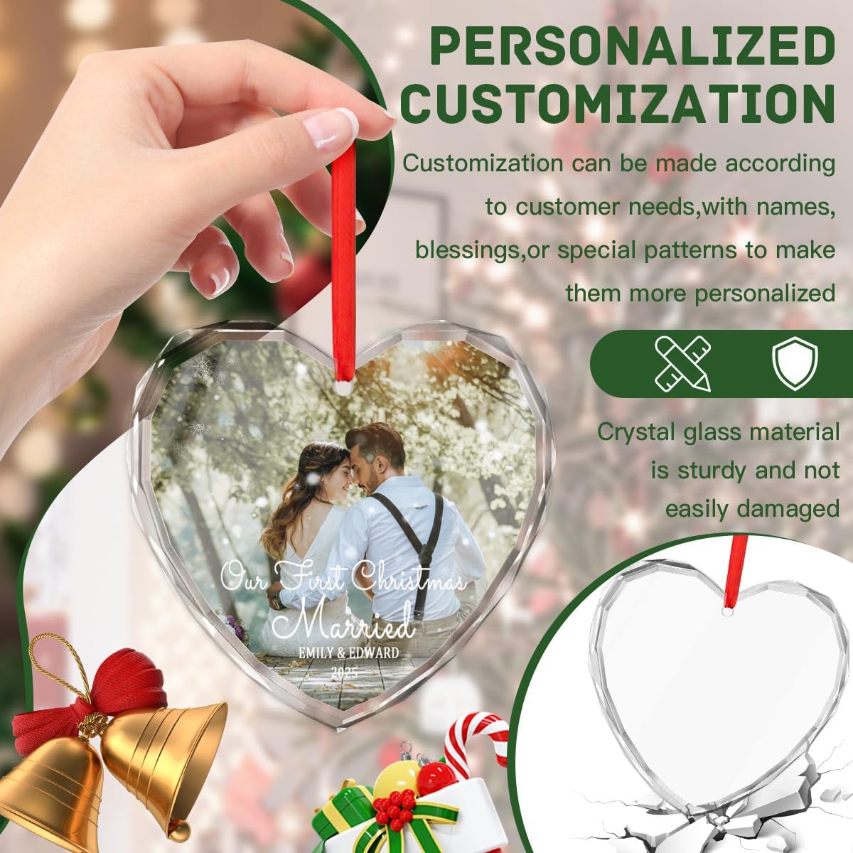 Personalized First Christmas Married Ornament, Custom Heart Shape Glass Ornament, Custom Wedding Date Keepsake