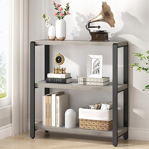 FOLUBAN 3 Tier Bookshelf, Industrial Wood and Metal Book Shelf and Bookcase, Short Book Case for Office Living Room Bedroom, Light Grey