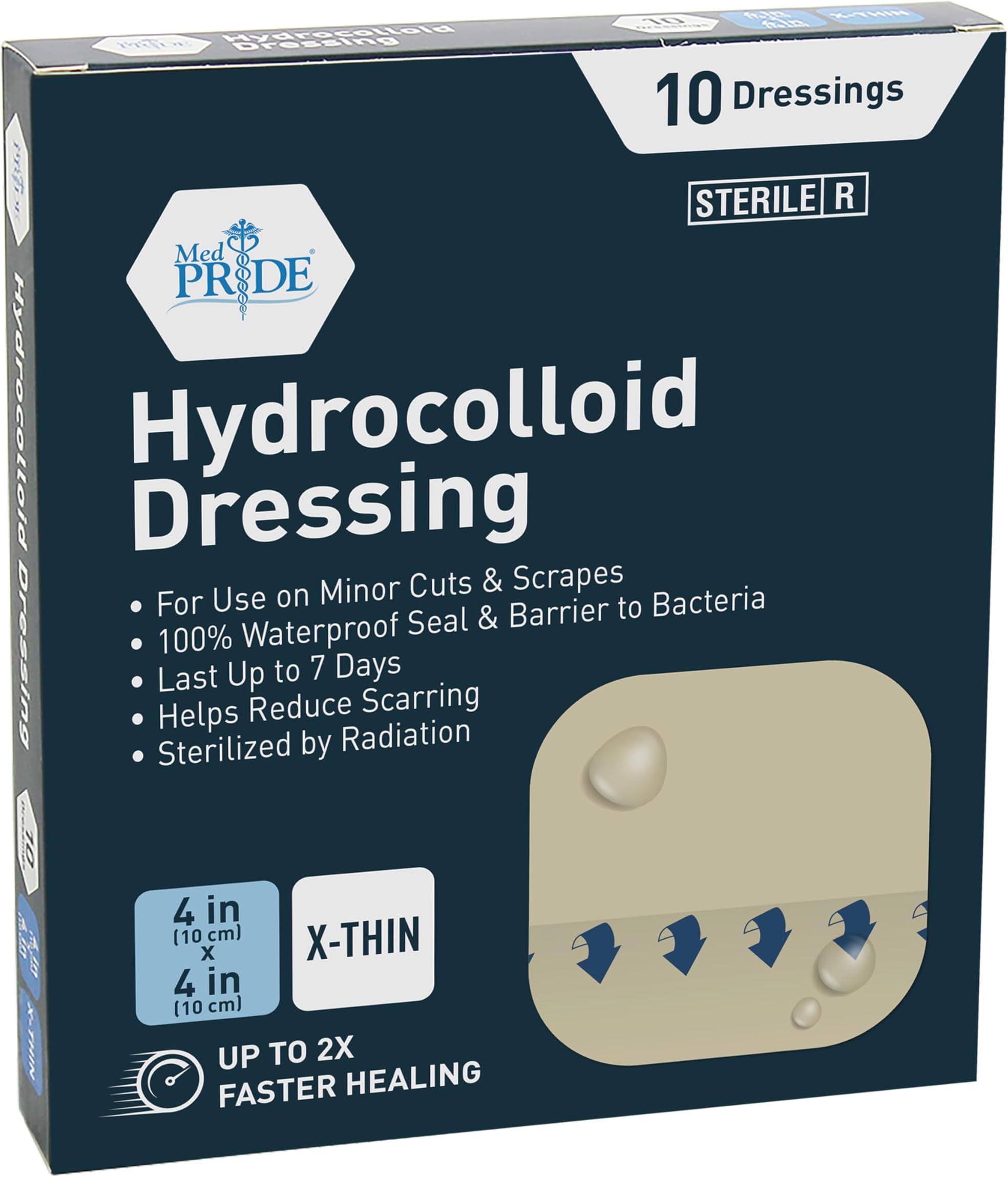 Hydrocolloid Wound Dressing Pads| 10-Pack, Sterile Adhesive Patches| Individually Packed, Highly Absorbent, Water-Resistant & Comfortable X-Thin 4'' x 4''