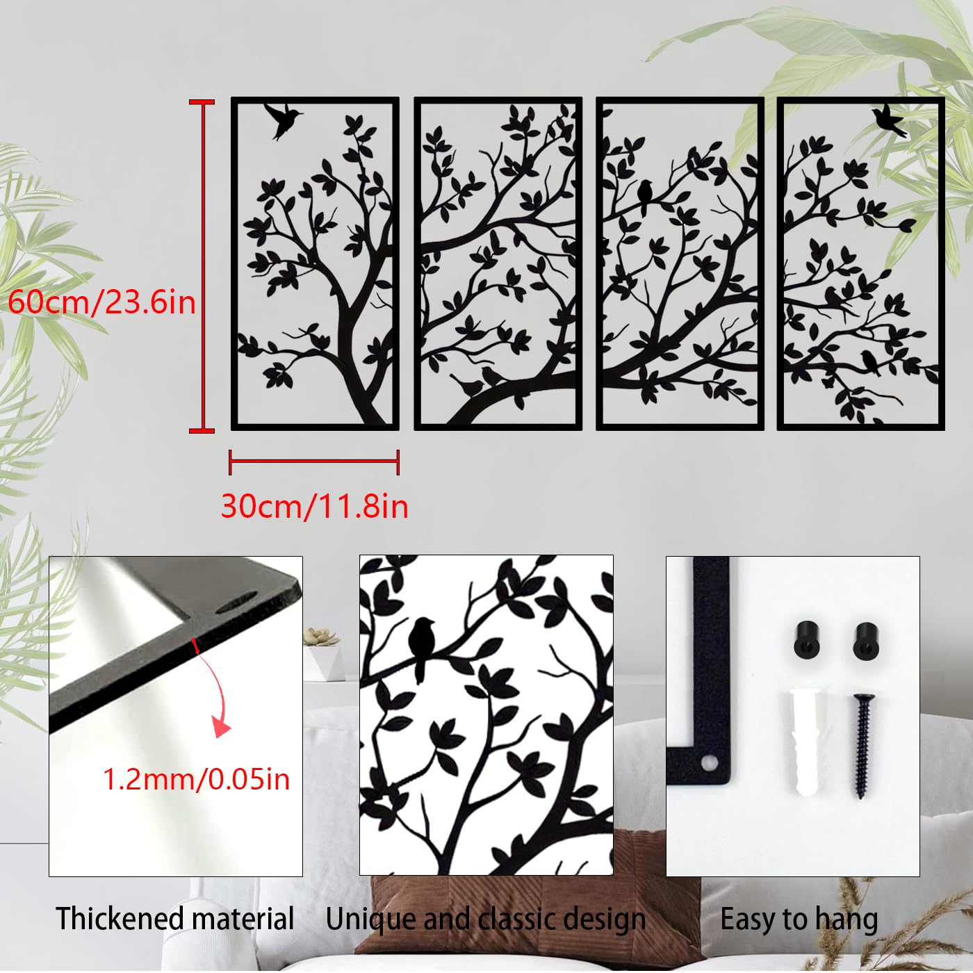 Pduoduo Albero della vita in Metallo 4 pannelli, Decorazione di Arte della Parete Dell'albero di Metallo per La Casa, Camera da Letto,Giardino,Decorazione da Parete (nero, 30 cm x 60 cm)