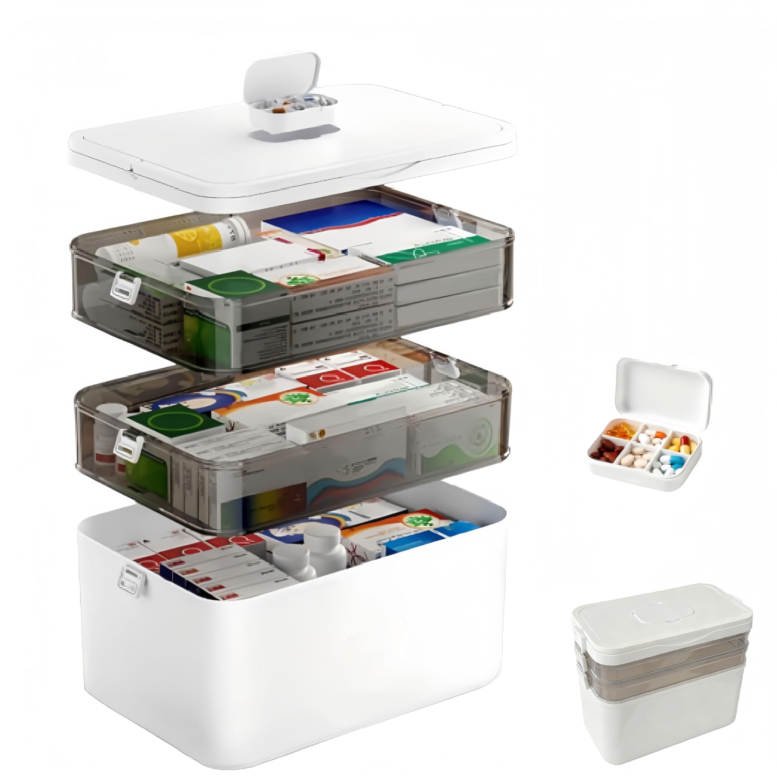 Caja de medicamentos de 3 niveles con asa de transporte, color blanco, con compartimentos extraíbles, ideal para el hogar, viajes y oficina, caja grande de primeros auxilios (31 x 16,5 x 25,5