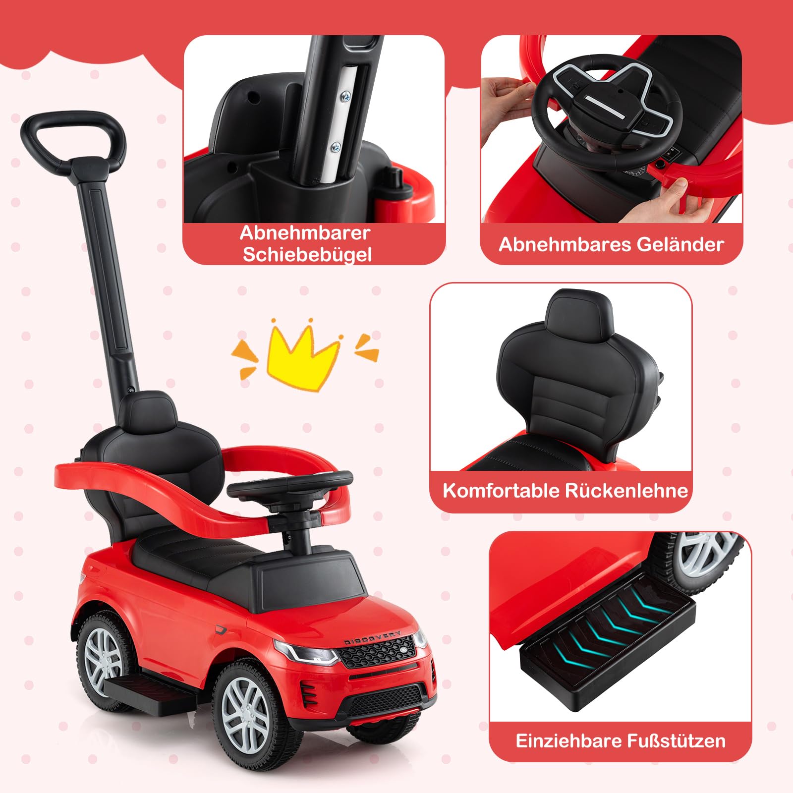 DREAMADE 3 in 1 Kinder Rutschauto, Schiebeauto mit abnehmbare Schiebestange, Kinderfahrzeug mit einziehbare Fußstütze, Kippschutz, Hupe, Stauraum, Rutschfahrzeug für Kinder ab 1 Jahr (Rot)