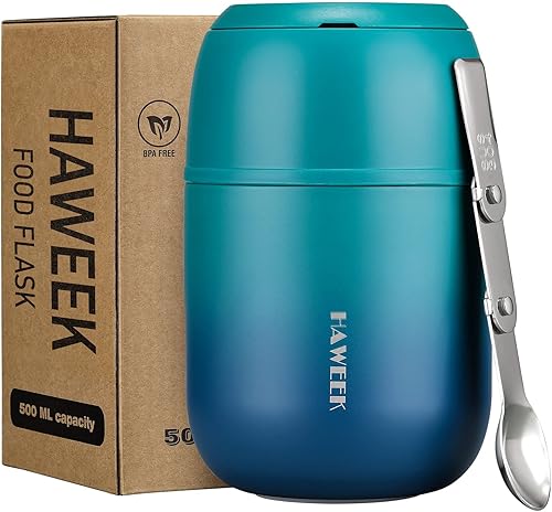 HAWEEK Recipiente de alimentos aislado de 17 onzas para alimentos calientes y adultos lonchera al vacío de acero inoxidable con cuchara plegable