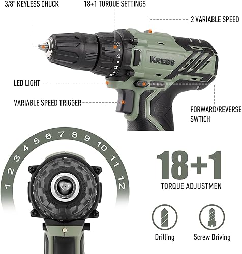 Miniatura 3 de KREBS Juego de taladro inalámbrico de 12 V con batería de 1.5 Ah y cargador rápido, portabrocas sin llave de 38 pulgadas 245 in-lbs 2 velocidades