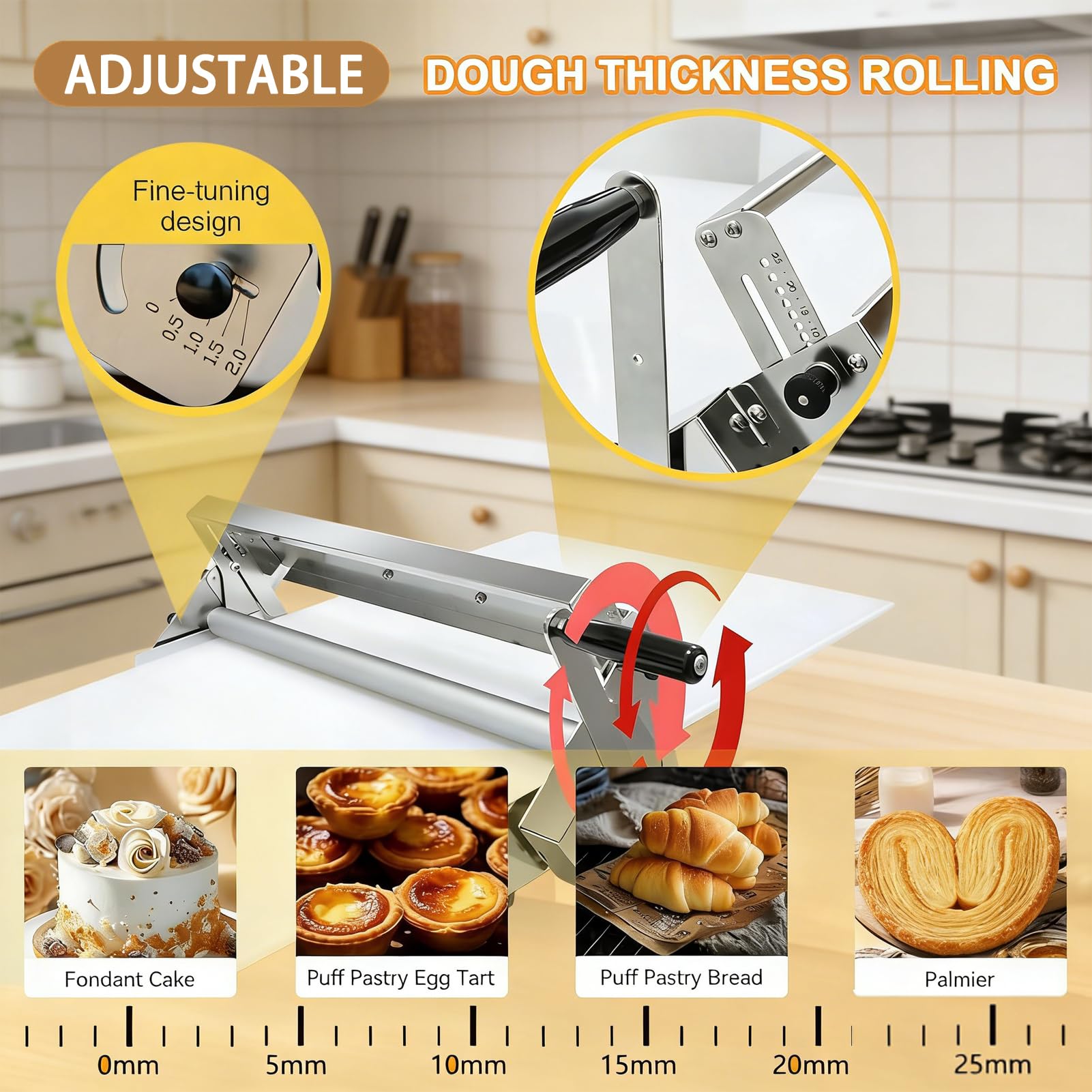 Laminoir à Pâte Manuel Pliable en Acier Inoxydable, Machine à Pâte Feuilletée Professionnelle avec Épaisseur Réglable 0-25 mm, Laminoir Pâtisserie pour Pizza, Croissants et Fondants
