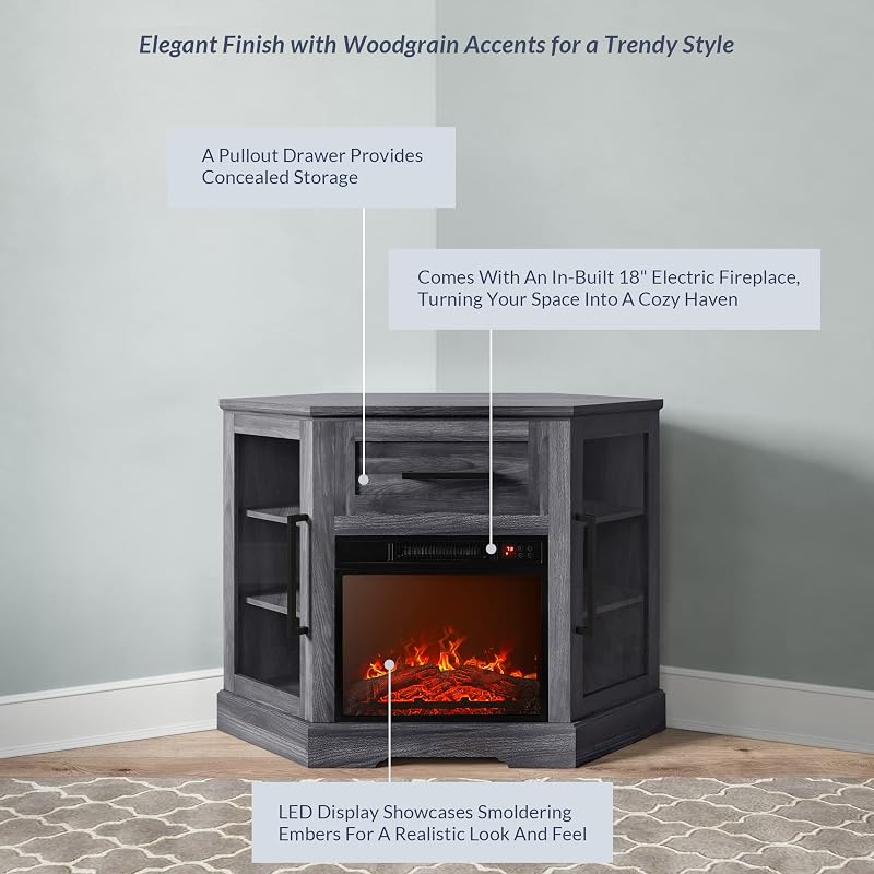 BELLEZE Dale 43" Corner TV Stand with 18" Electric Fireplace - Rustic Grey image 3