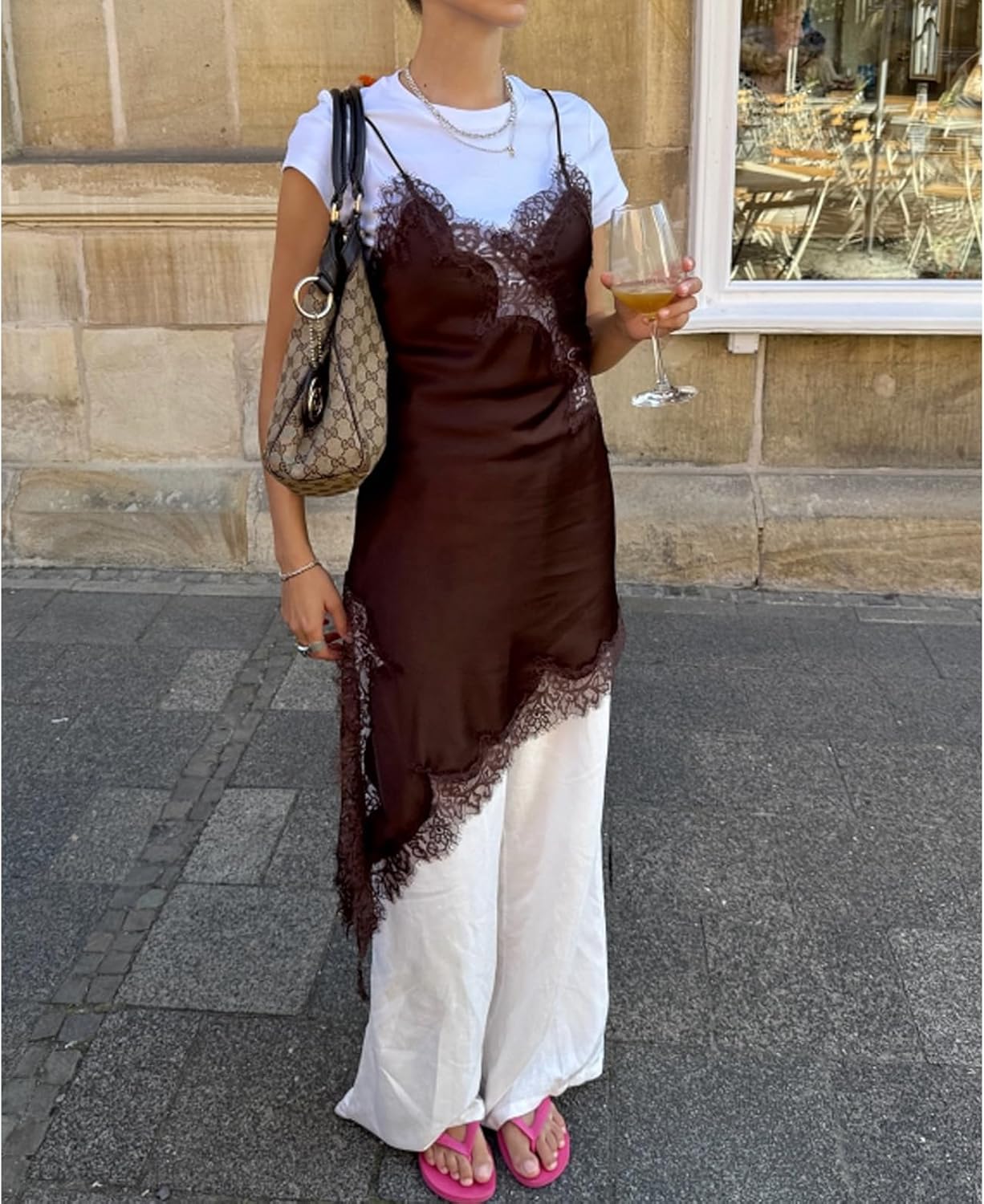 Amiblvowa Women Lace Mini Slip Dress Satin Spaghetti Strap Asymmetrical Dress Sexy Low Cut V Neck Backless Silk Slips - Image 3